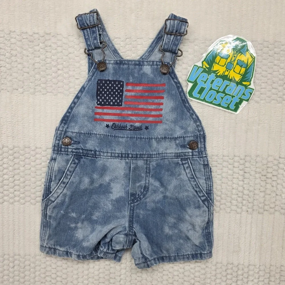 OshKosh Bgosh Vintage Baby Boy Girl Overalls 9M Blue Denim American Flag USA